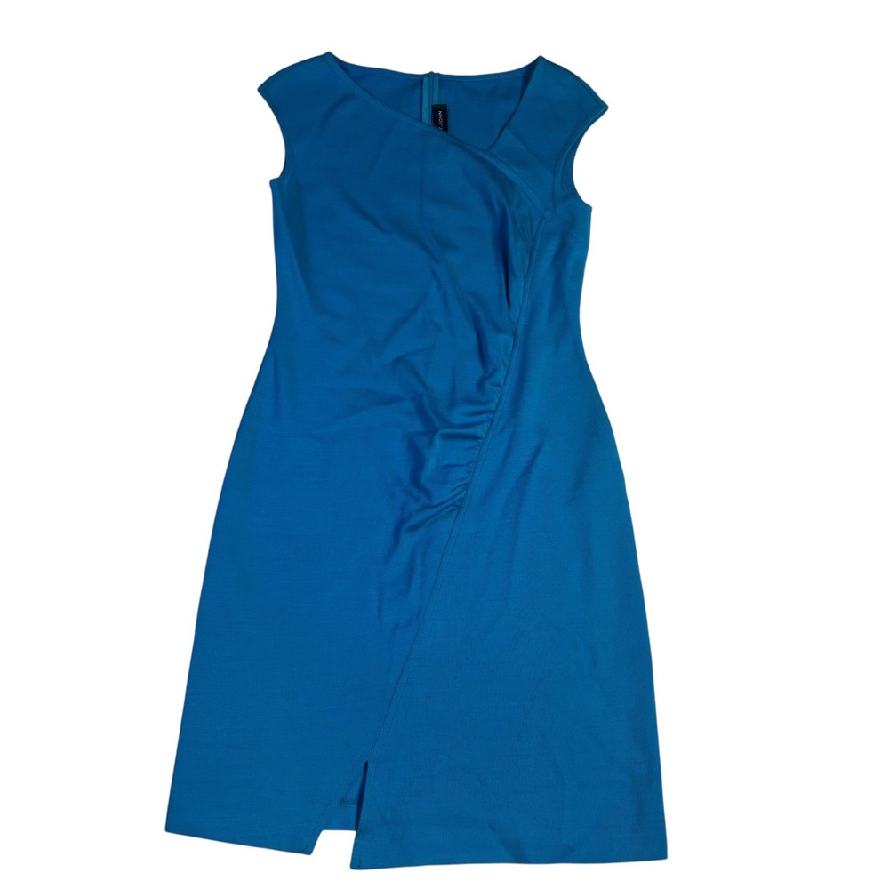 St. John Turquoise Blue Asymmetrical Knit Sheath Dress Size 6 Ruched Wrap Front - Picture 6 of 14